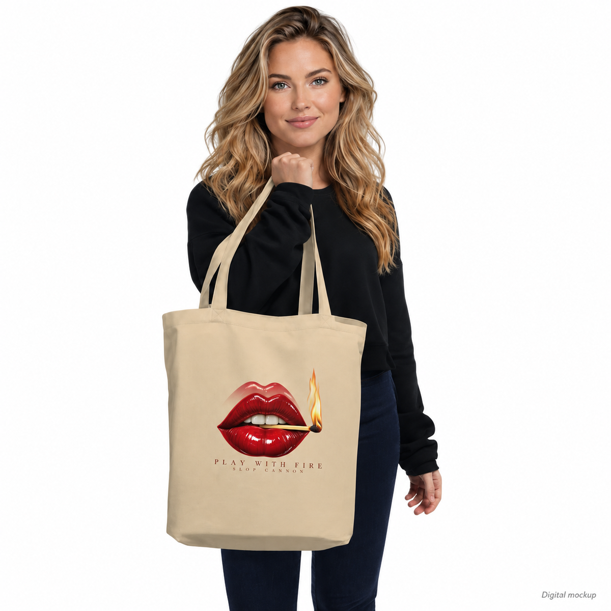Slop Cannon Play With Fire Tote Bag — Oyster — CW-F11 adult woman model view; exact configured tote, straps and artwork; digital model composite; accessory only, outfit excluded.