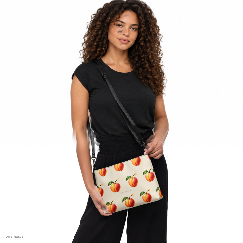 Slop Cannon Hot Piece Crossbody Bag — Cream / black trim — HA-F02 adult woman model view; exact configured bag, straps and artwork; digital model composite; accessory only, outfit excluded.