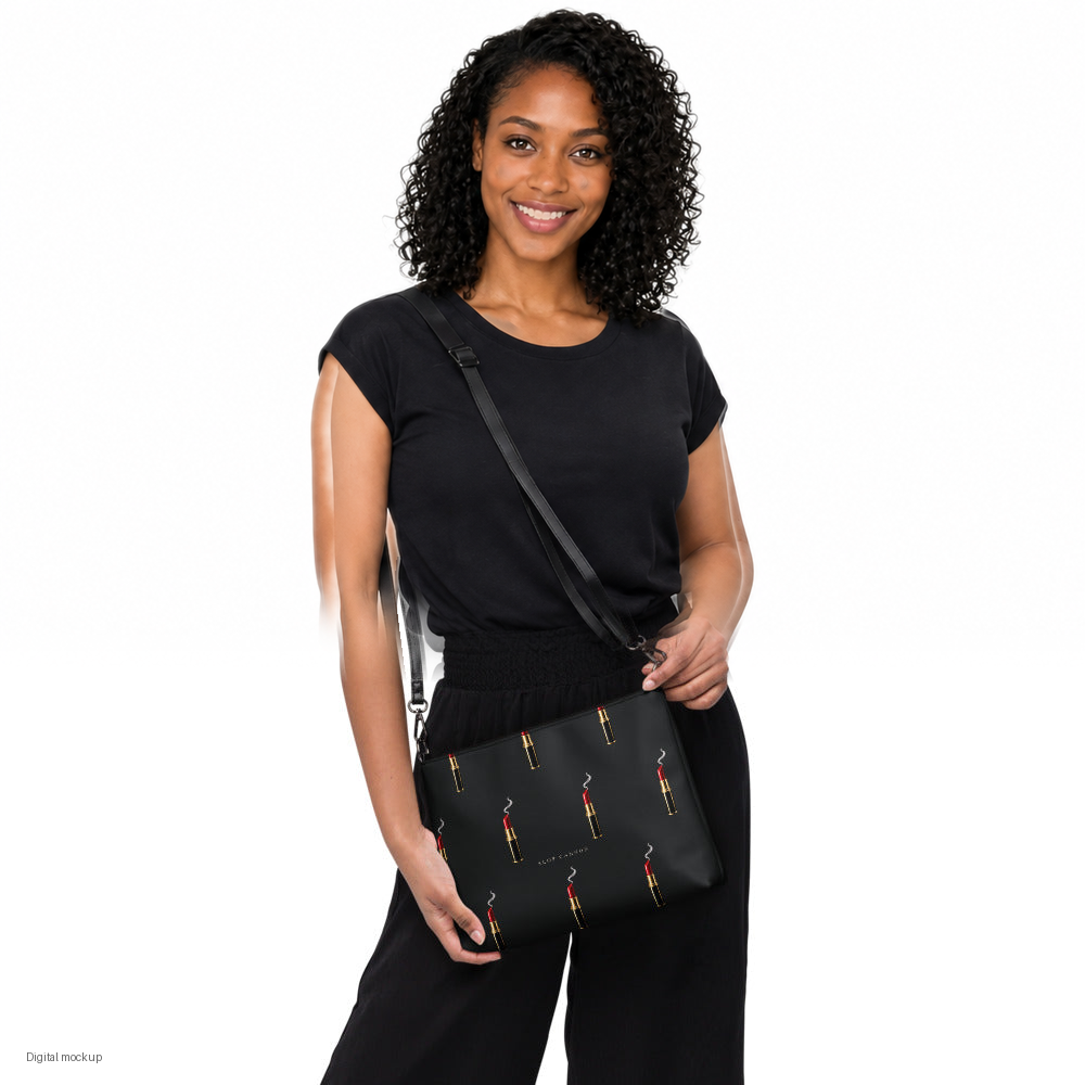 Slop Cannon Loaded Crossbody Bag — Black / black trim — BF1 adult woman model view; exact configured bag, straps and artwork; digital model composite; accessory only, outfit excluded.