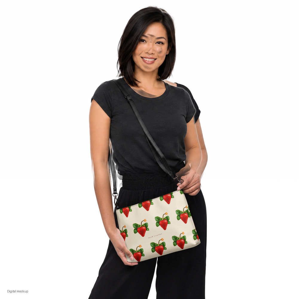 Slop Cannon Sweet Trouble Crossbody Bag — Cream / black trim — EA-F02 adult woman model view; exact configured bag, straps and artwork; digital model composite; accessory only, outfit excluded.