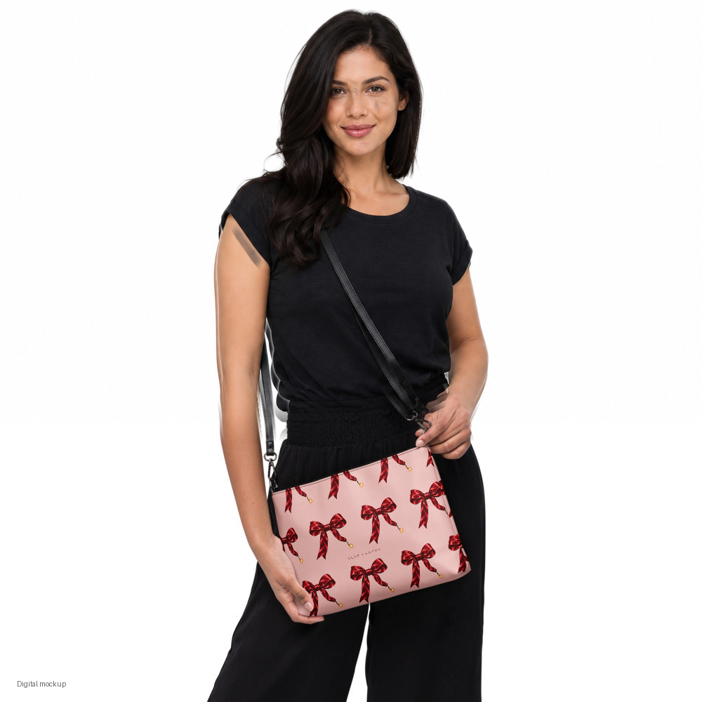 Slop Cannon Short Fuse Crossbody Bag — Blush / black trim — CW-F20 adult woman model view; exact configured bag, straps and artwork; digital model composite; accessory only, outfit excluded.
