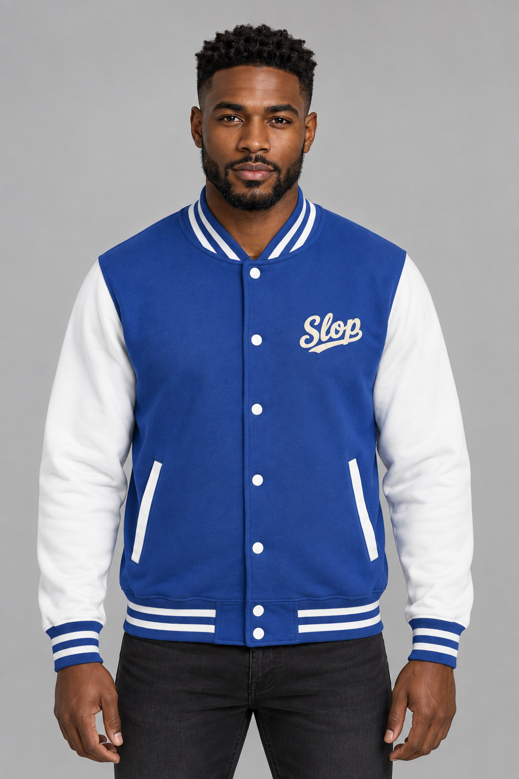 Man wearing the Ivory Script Varsity Jacket in Royal Blue/Arctic White