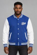 Man wearing the Ivory Script Varsity Jacket in Royal Blue/Arctic White