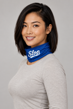 Slop Script Neck Gaiter in Royal Blue, worn by a model, back view