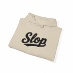 Folded Sand Gildan 18500 hoodie with black Slop script embroidery visualization.