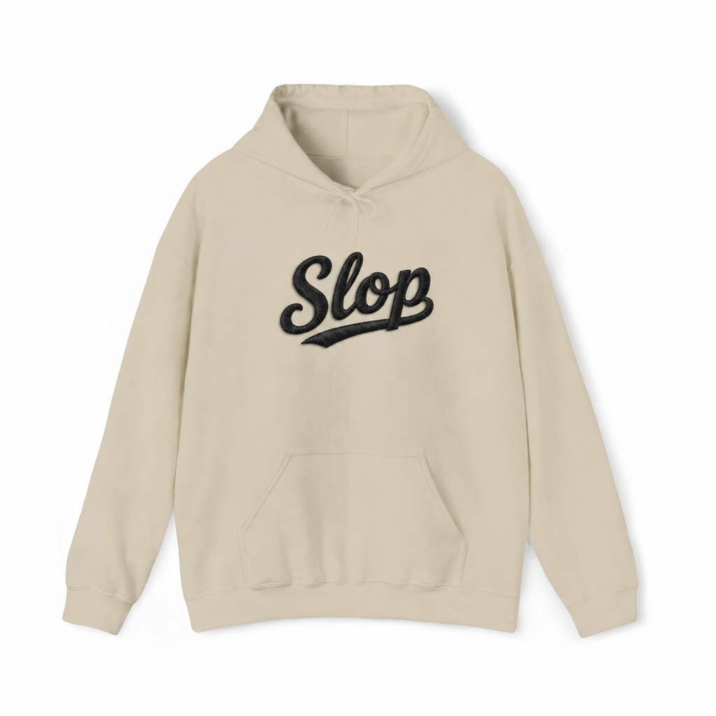 Sand Gildan 18500 hoodie front with oversized black Slop script embroidery visualization.