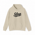 Sand Gildan 18500 hoodie front with oversized black Slop script embroidery visualization.