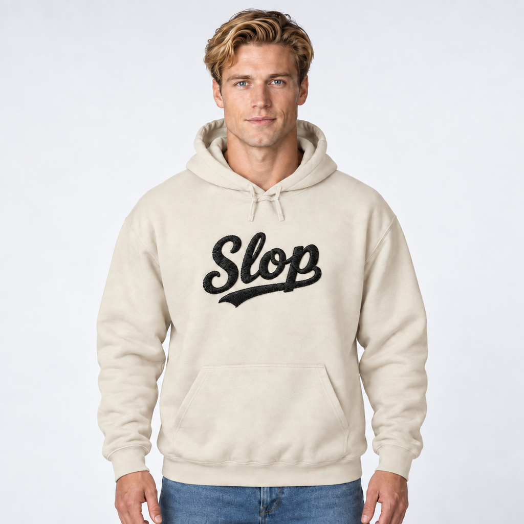 Model wearing the Sand Slop script embroidered hoodie with black stitching.