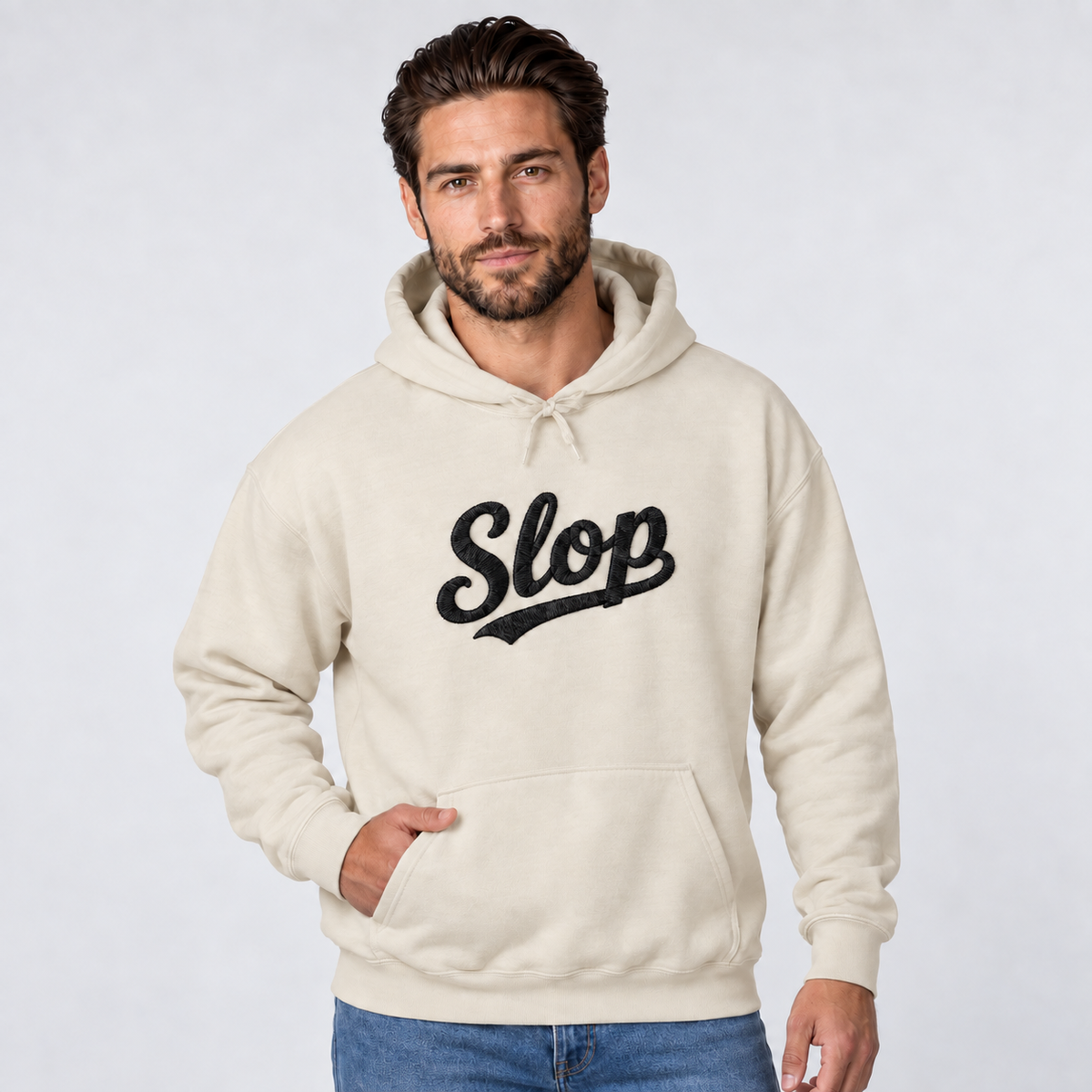 Model wearing the Sand Slop script embroidered hoodie with black stitching, second view.