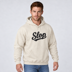 Model wearing the Sand Slop script embroidered hoodie with black stitching, third view.