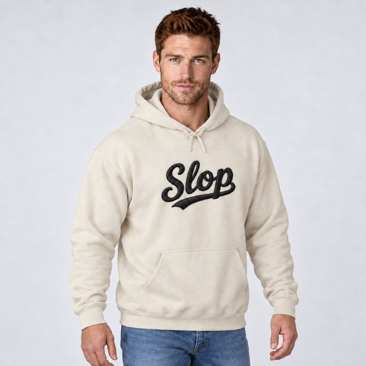 Model wearing the Sand Slop script embroidered hoodie with black stitching, third view.