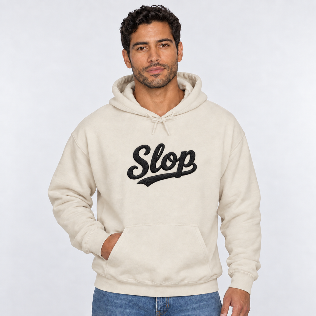 Model wearing the Sand Slop script embroidered hoodie with black stitching, fourth view.