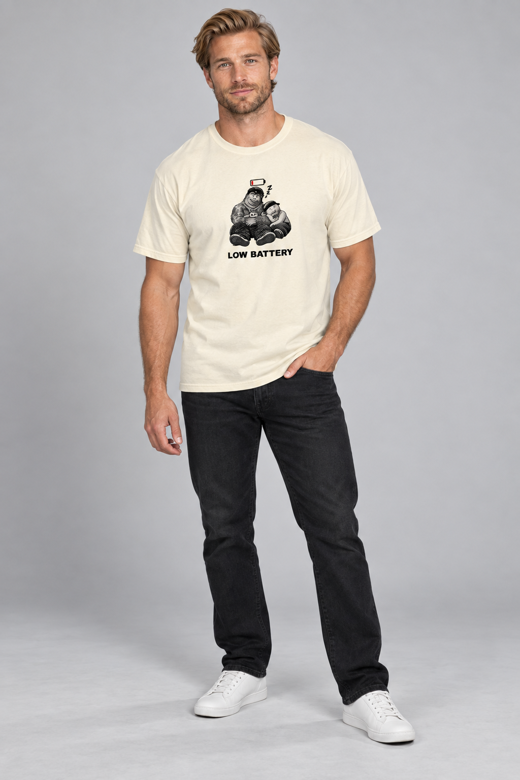 Low Battery — Pig & Wiglet Heavyweight Tee, worn by a model