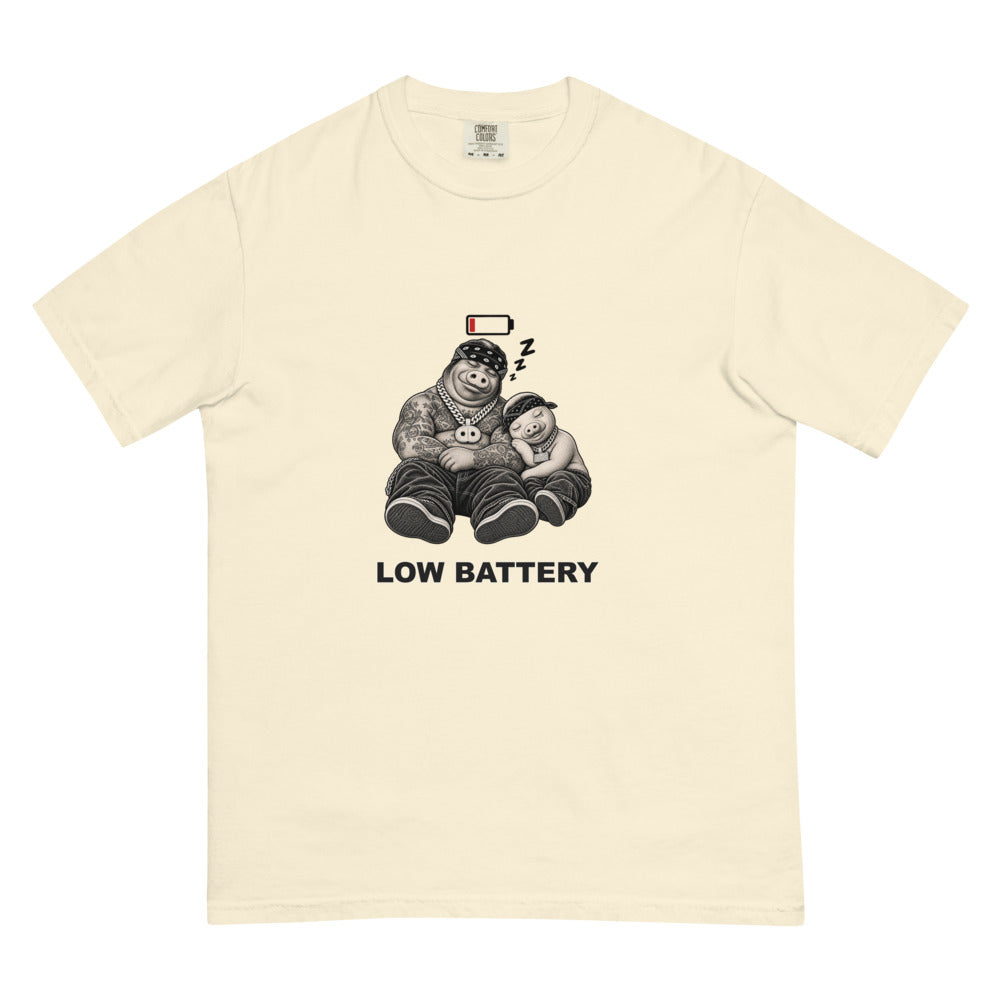 Low Battery — Pig & Wiglet Heavyweight Tee, front view