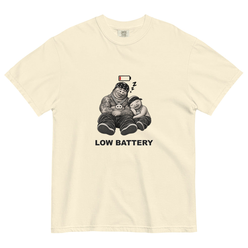 Low Battery — Pig & Wiglet Heavyweight Tee, front view