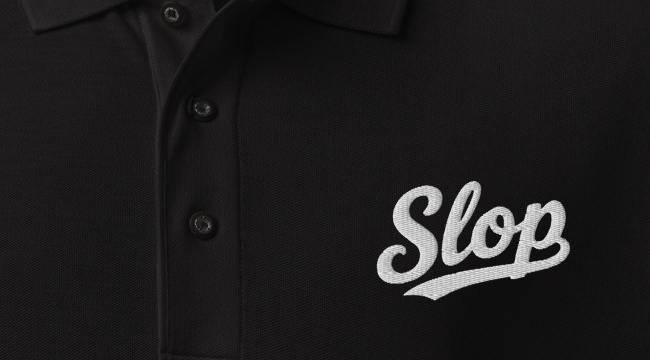 Slop Script Polo in Black, close-up of the embroidery