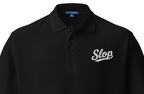 Slop Script Polo in Black, close-up of the embroidery