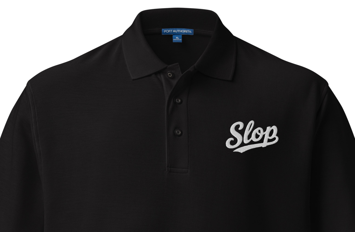 Slop Script Polo in Black, close-up of the embroidery