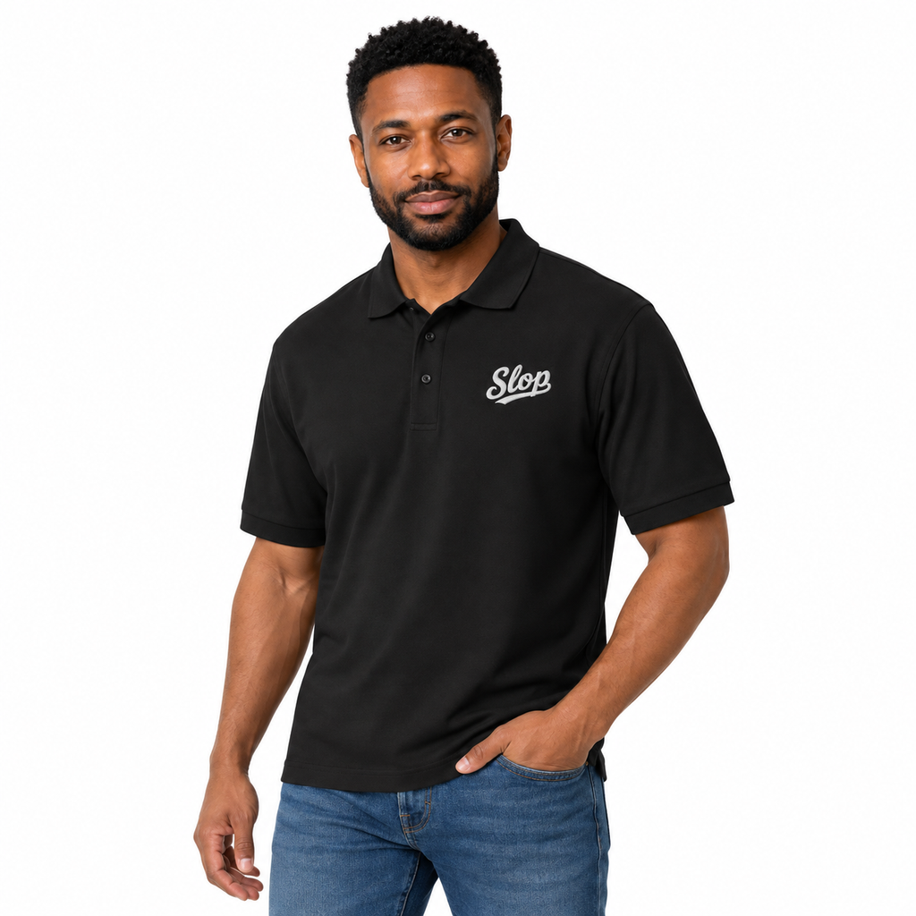 Slop Script Polo in Black, worn by a model
