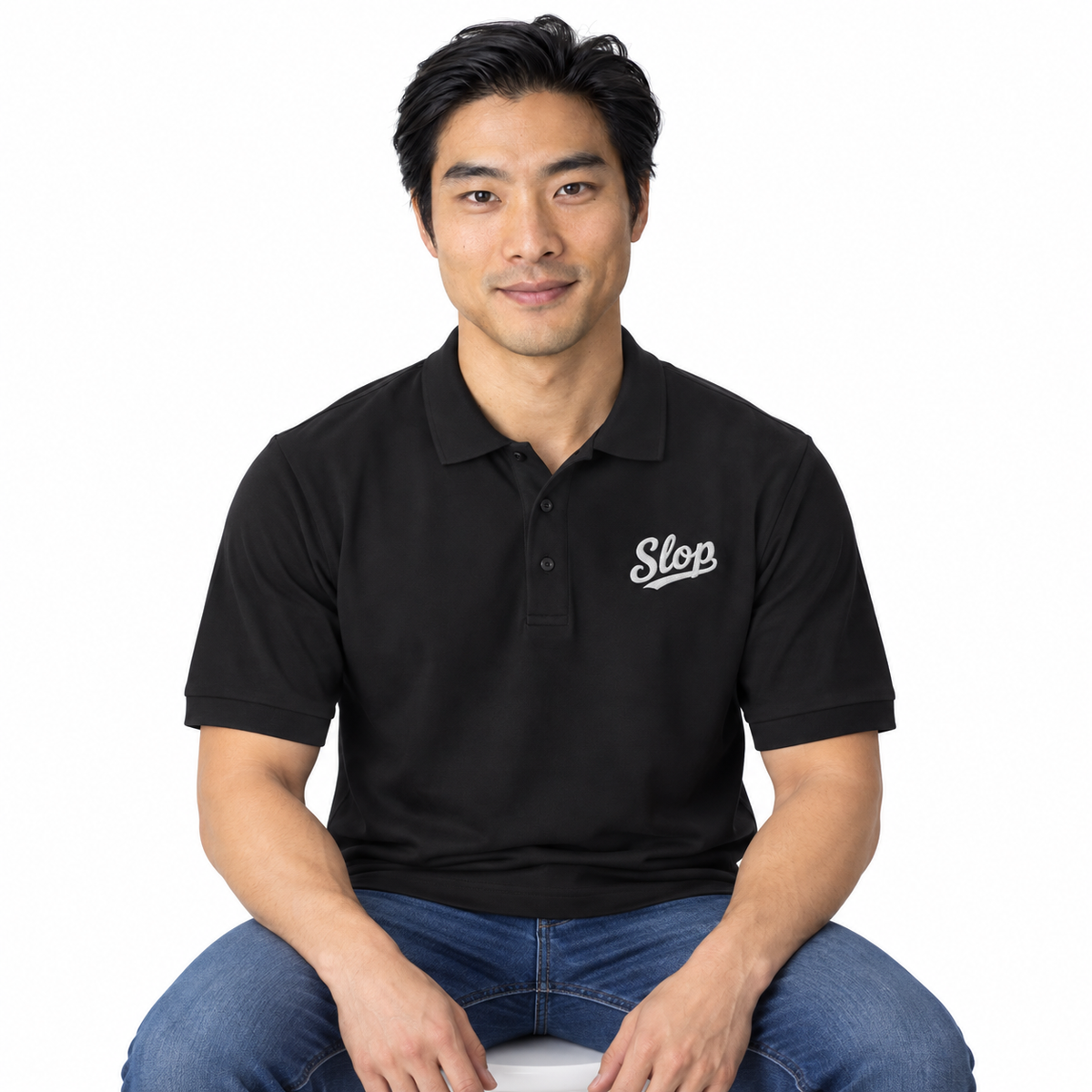 Slop Script Polo in Black, worn by a model