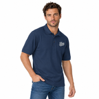 Slop Script Polo in Navy, worn by a model