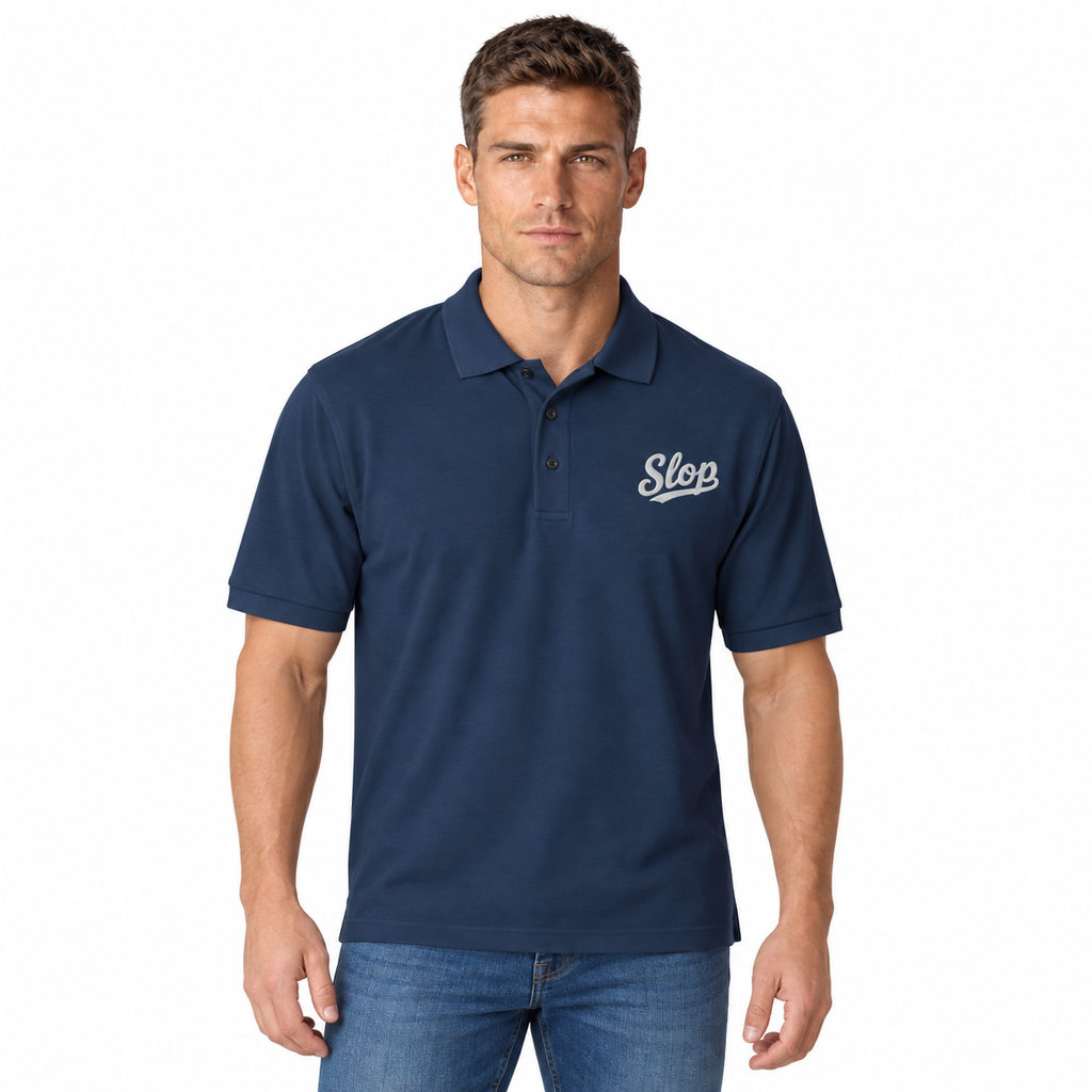 Slop Script Polo in Navy, worn by a model