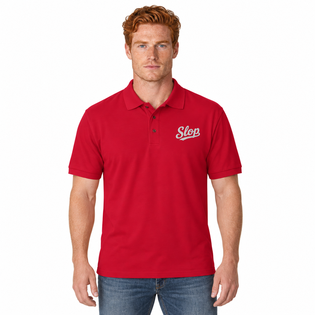 Slop Script Polo in Red, worn by a model