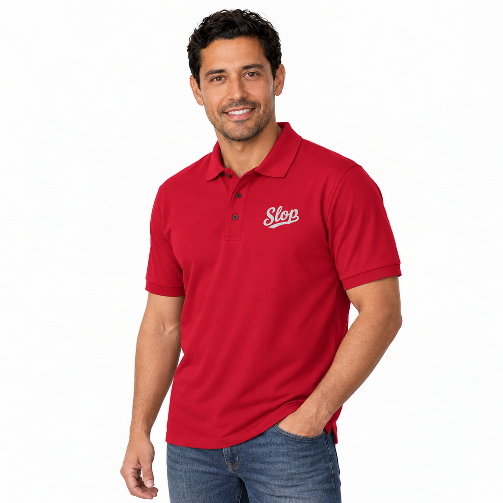 Slop Script Polo in Red, worn by a model