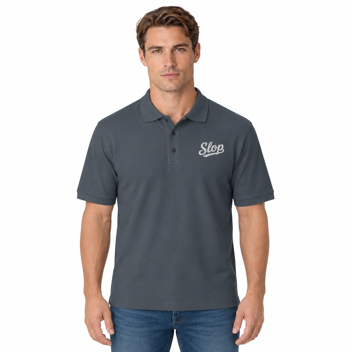 Slop Script Polo in Steel Grey, worn by a model