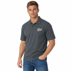 Slop Script Polo in Steel Grey, worn by a model