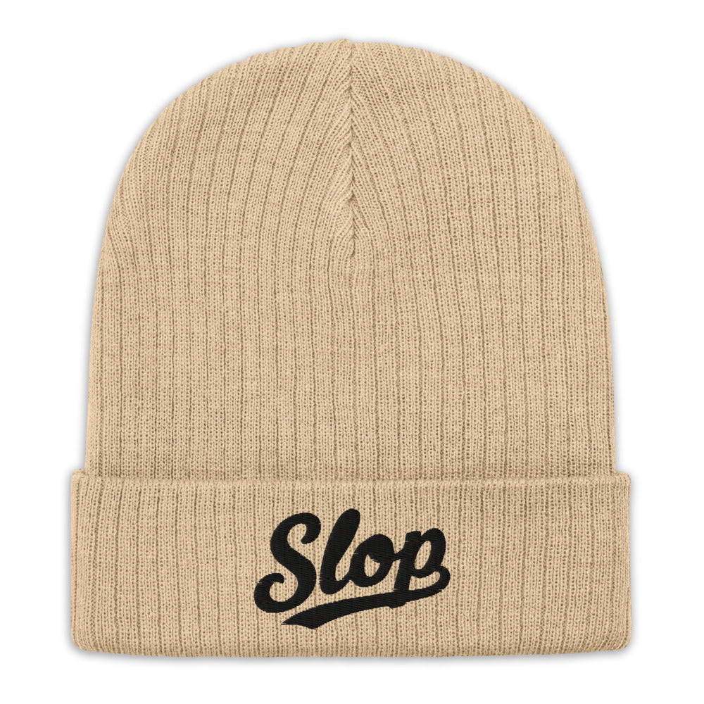 Slop Script Cuffed Beanie — Beige / Black — Beige / Black beanie — flat garment view