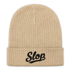 Slop Script Cuffed Beanie — Beige / Black — Beige / Black beanie — flat garment view