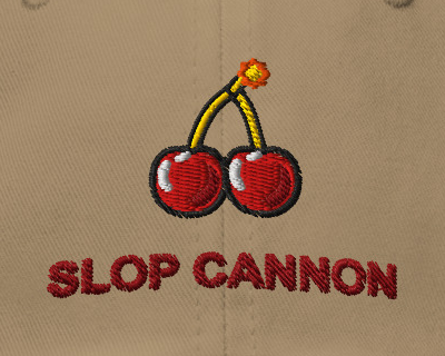 Cherry Fuse cap — Khaki — literal detail crop of supplier simulated embroidery preview; not a sewn sample or a stitch-path proof; Yupoong 6245CM cotton twill; supplier digital mockup.