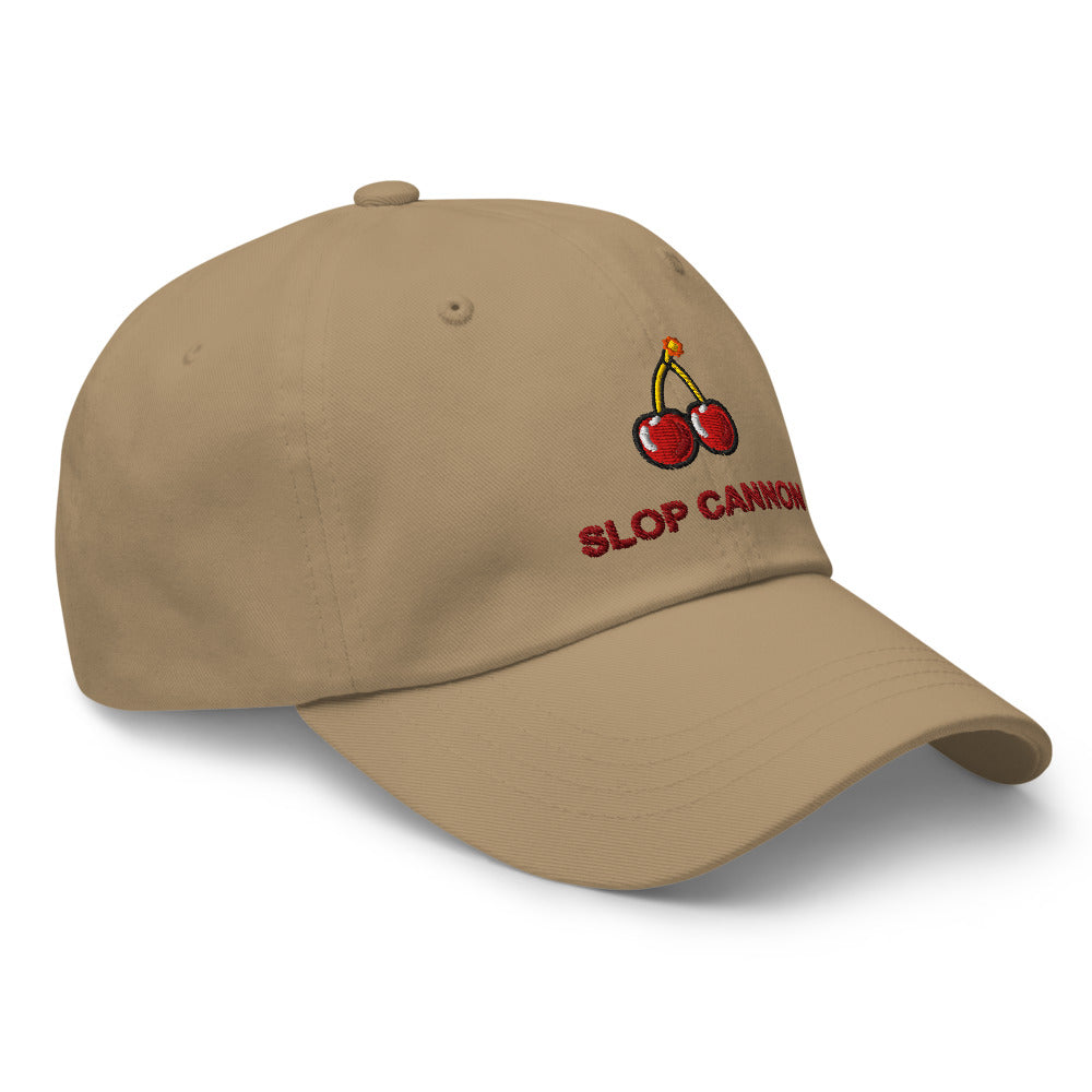 Cherry Fuse cap — Khaki — three-quarter view with approved front motif and undecorated side; Yupoong 6245CM cotton twill; supplier digital mockup.