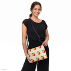Slop Cannon Hot Piece Crossbody Bag — Cream / black trim — model-worn front view; bag only; styling clothing excluded; printed faux leather with black trim; digital model composite with exact supplier bag, strap and print pixels. Not a manufactured sample photograph.