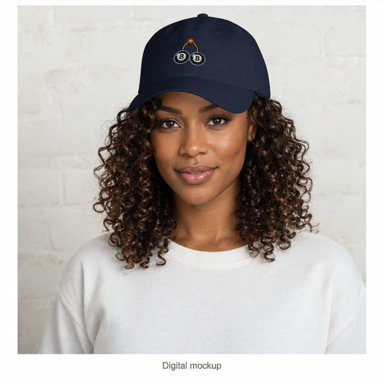 Slop Cannon Bad Luck Club Dad Cap — Navy — adult woman AA-F01 wearing the exact configured cap in a model-worn front view; digital catalogue composite; cap only; outfit excluded.