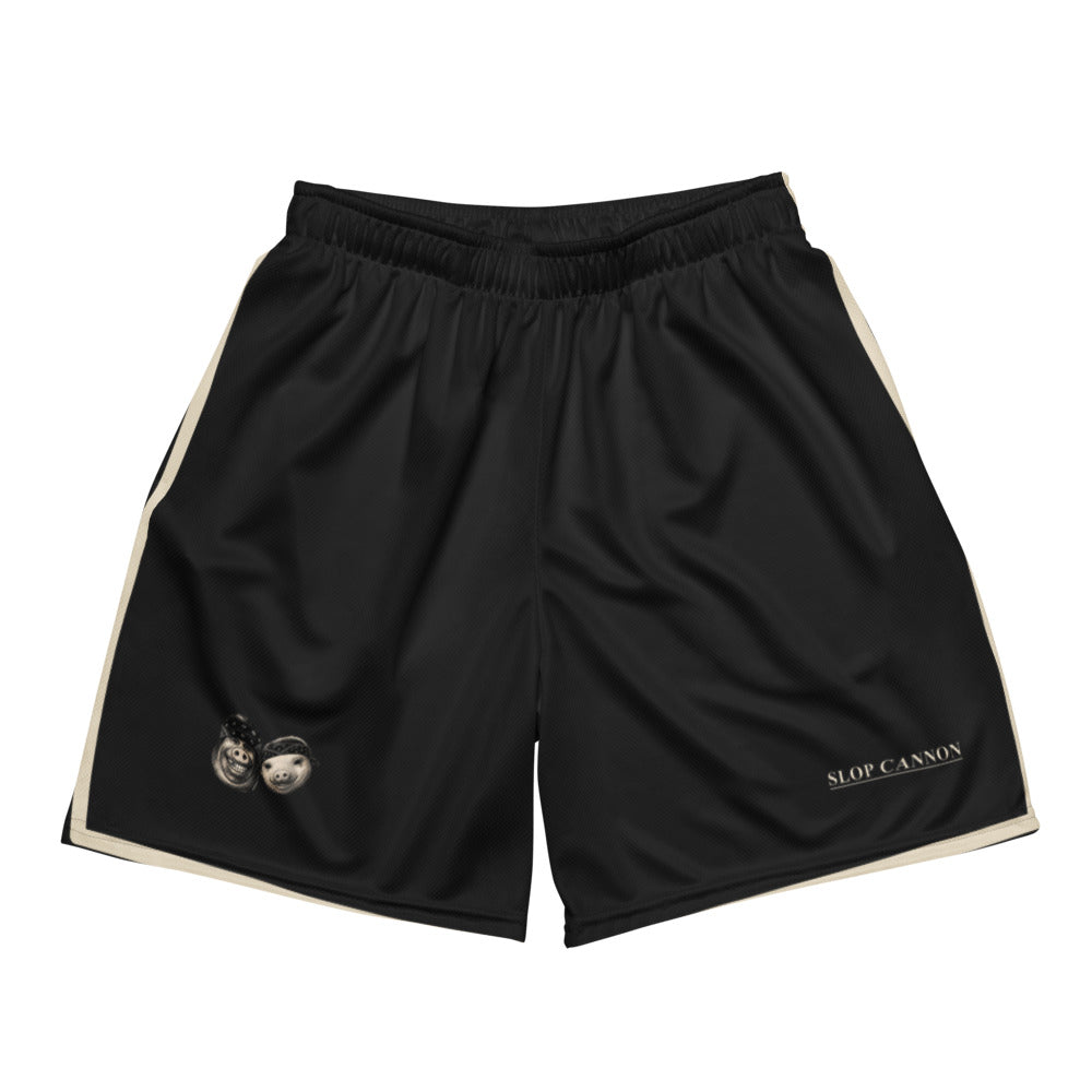 Cannon Boys mesh shorts — Black (printed) — full front with heads, wordmark and printed contrast bands; Printful all-over-print recycled unisex mesh shorts White base with printed Black (printed); supplier digital mockup.