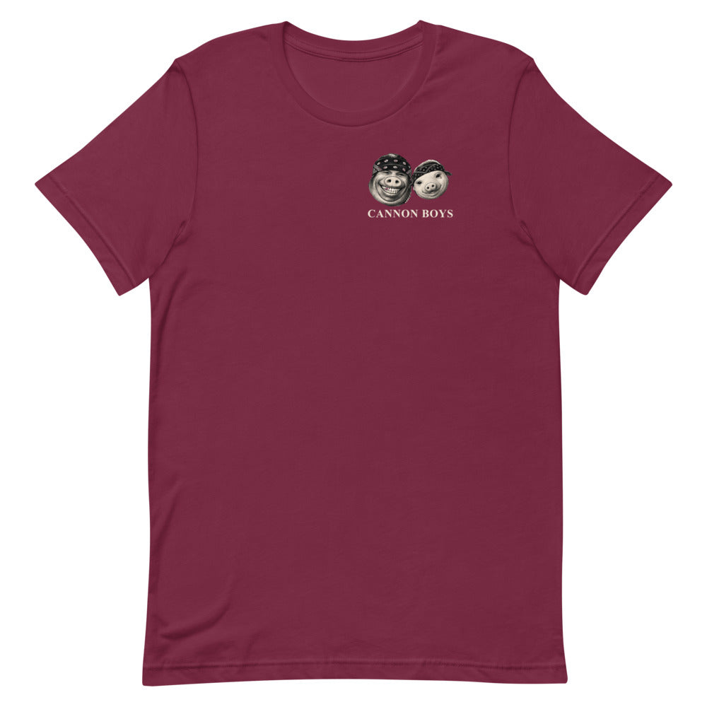 Cannon Boys tee — Maroon — full front with paired heads and CANNON BOYS at left chest; Bella + Canvas 3001 Maroon; supplier digital mockup.