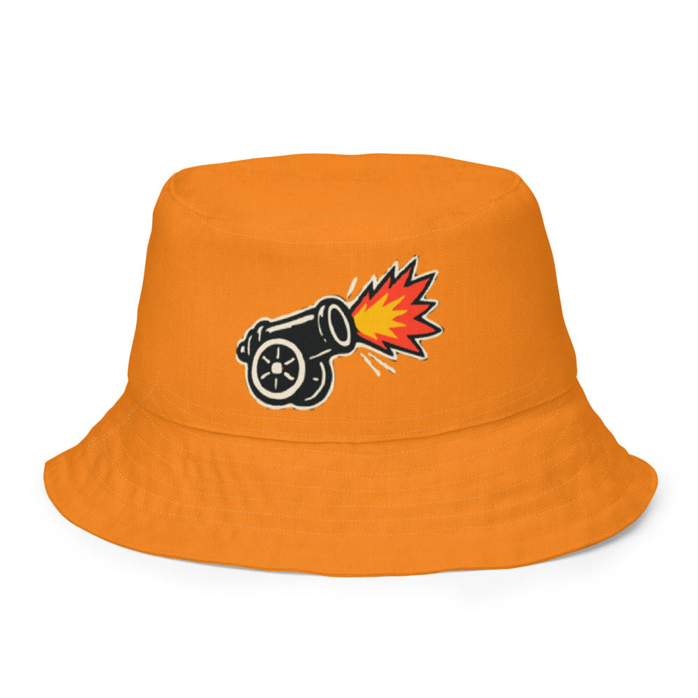 Slop Cannon Reversible Bucket Hat — C5 Firing Cannon - Tangerine Orange — clean outside front with approved graphic; Printful catalog654, 100% polyester; supplier digital mockup.