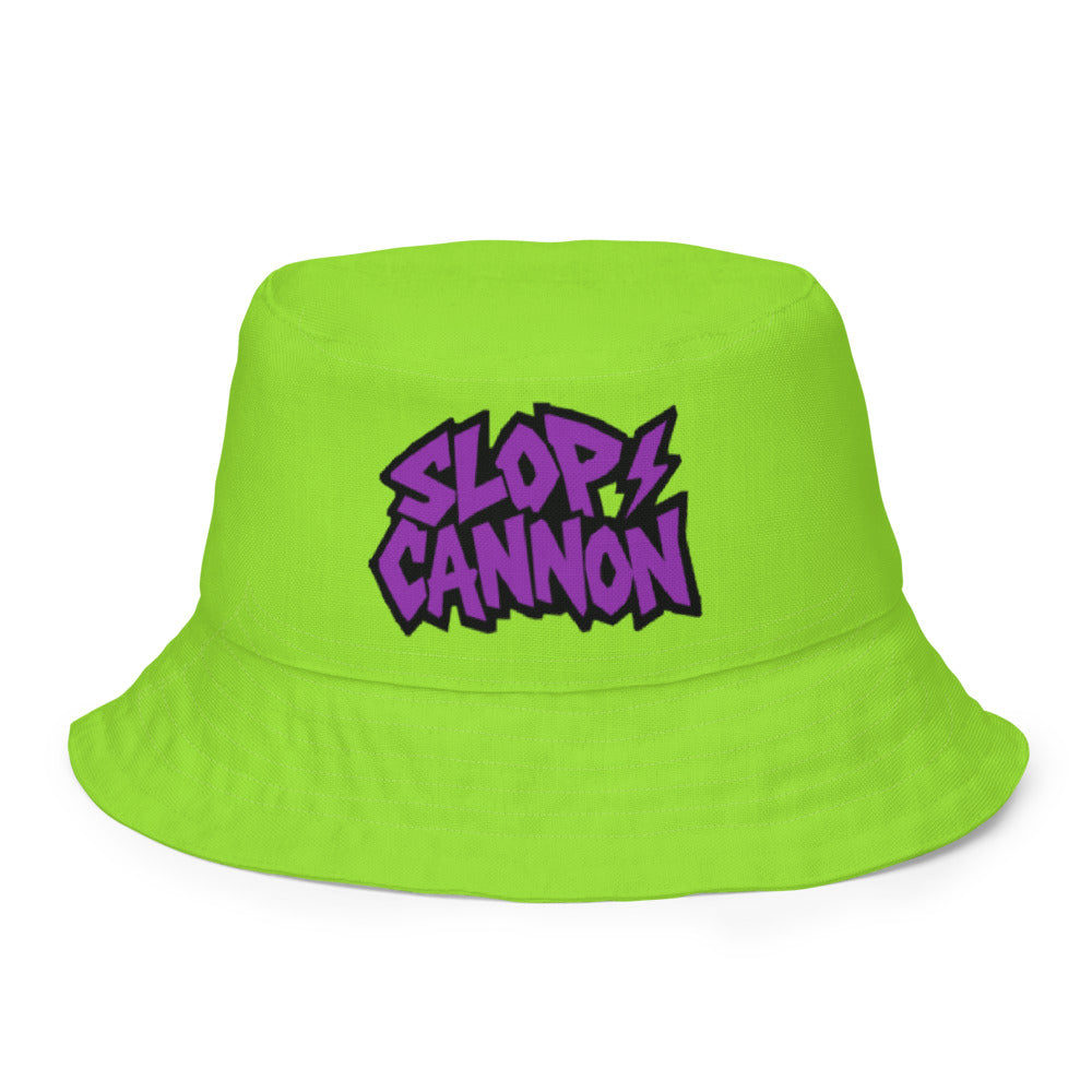Slop Cannon Reversible Bucket Hat — C9 Graffiti - Lime Green — clean outside front with approved graphic; Printful catalog654, 100% polyester; supplier digital mockup.