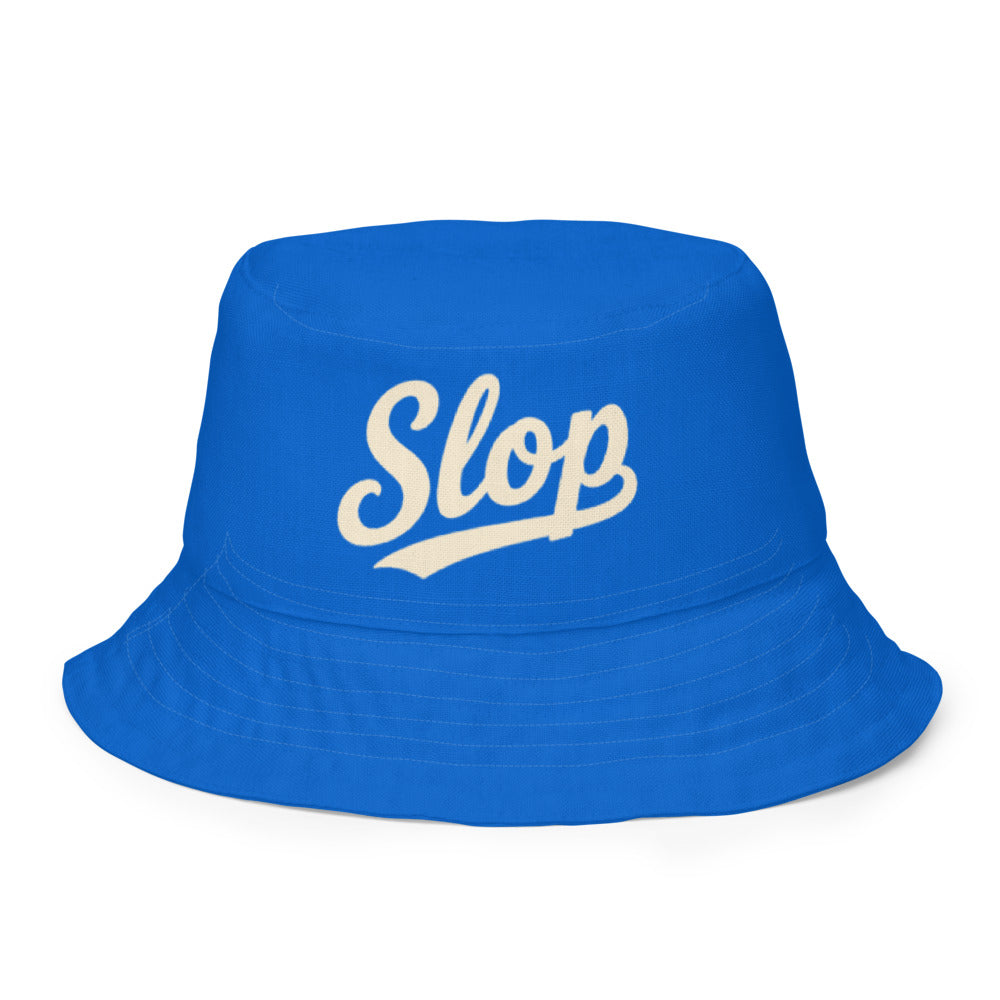 Slop Cannon Reversible Bucket Hat — S2 Slop Script - Cobalt Blue — clean outside front with complete approved Slop script and underline; actual Printful catalog654, 100% polyester; supplier digital mockup, not a manufactured sample photograph. One hat only.
