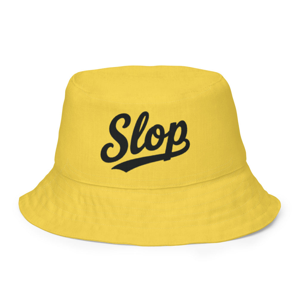 Slop Cannon Reversible Bucket Hat — S3 Slop Script - Butter Yellow — clean outside front with complete approved Slop script and underline; actual Printful catalog654, 100% polyester; supplier digital mockup, not a manufactured sample photograph. One hat only.
