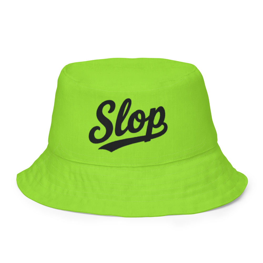 Slop Cannon Reversible Bucket Hat — S9 Slop Script - Lime Green — clean outside front with complete approved Slop script and underline; actual Printful catalog654, 100% polyester; supplier digital mockup, not a manufactured sample photograph. One hat only.