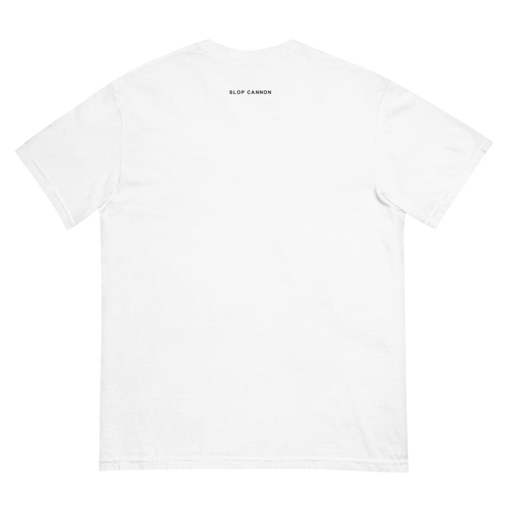 Slop Cannon Tee — Cannon Boy Barrel in White — Printful digital back mockup showing small Slop Cannon print below the rear collar, with the rest of the back unprinted.