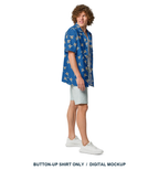Cannon Beach button-up shirt — Cobalt — right-side model view; shirt only, other styling clothing excluded with the final approved scattered pattern; actual supplier digital mockup, not a manufactured sample.