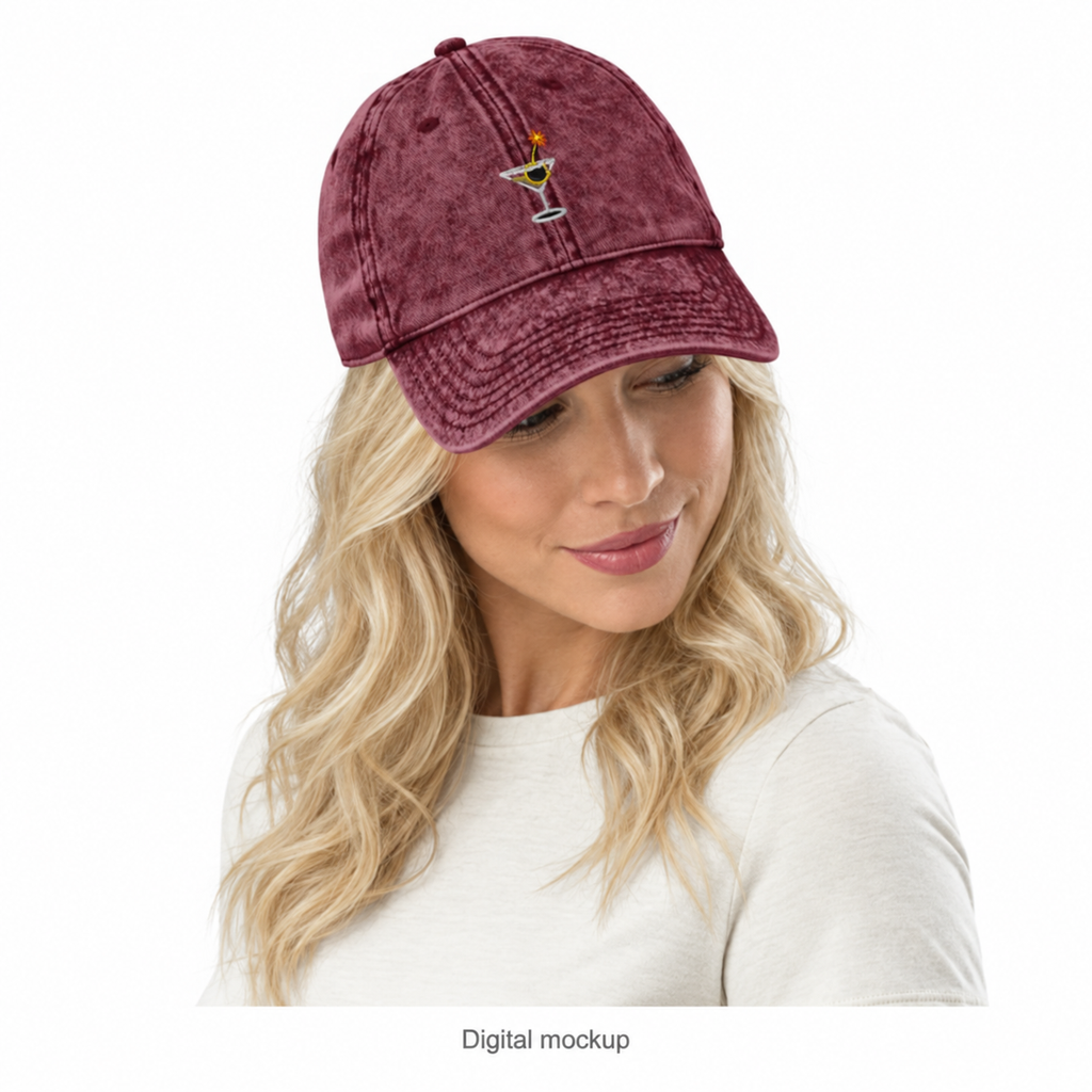 Slop Cannon Dirty Habits Dad Cap — Maroon — adult woman CW-F06 wearing the exact configured cap in a model-worn front view; digital catalogue composite; cap only; outfit excluded.