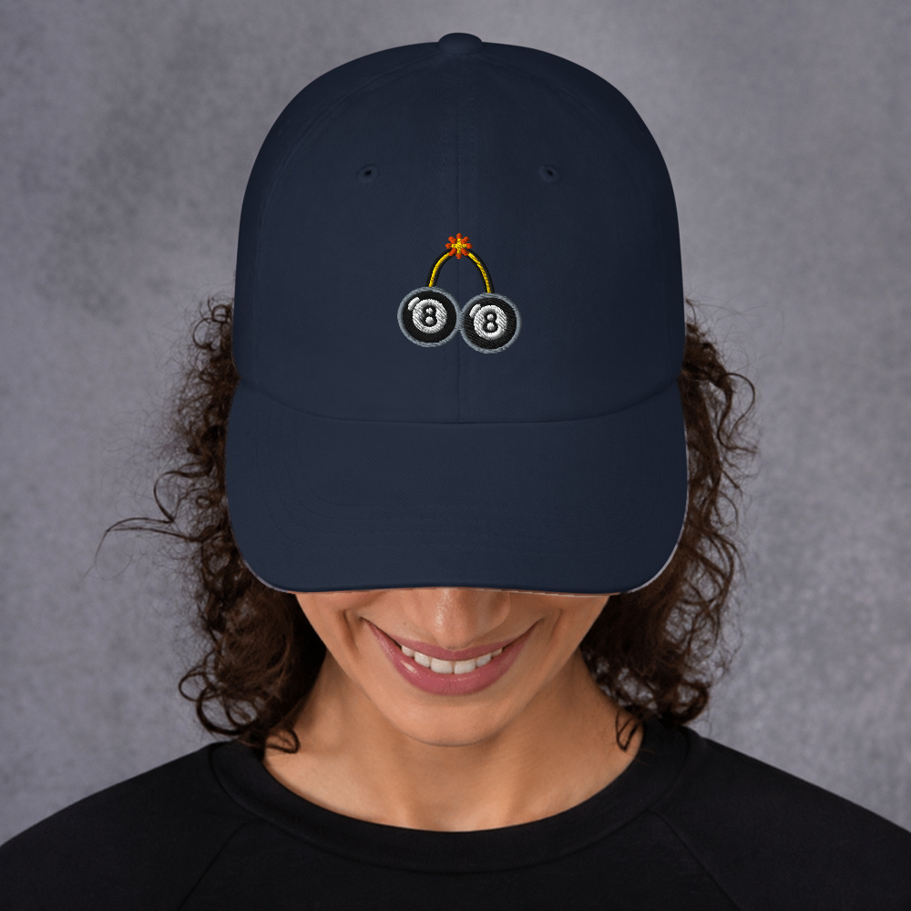 Slop Cannon Bad Luck Club Dad Cap — Navy — adult model front; exact supplier cap composited onto a digitally generated model; digital mockup, cap only; embroidery preview is not a sewn sample.