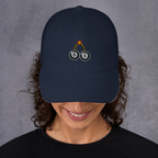 Slop Cannon Bad Luck Club Dad Cap — Navy — adult model front; exact supplier cap composited onto a digitally generated model; digital mockup, cap only; embroidery preview is not a sewn sample.