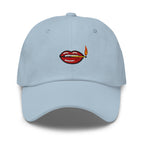 Play With Fire cap — Light Blue — full front with approved flat embroidery design; Yupoong 6245CM cotton twill; supplier digital mockup.