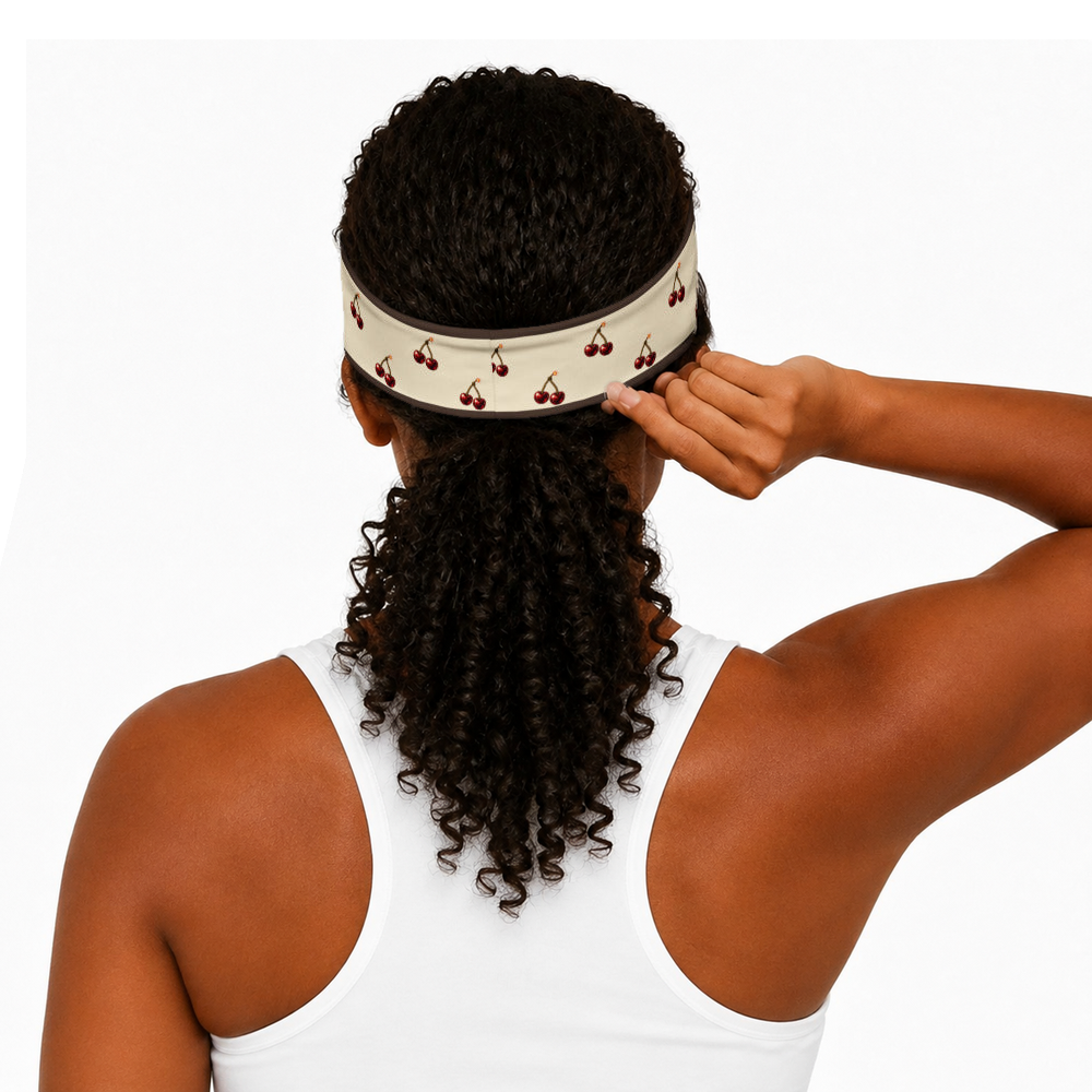 Slop Cannon Cherry Fuse Repeat Headband — Ivory / espresso — model-worn rear view; headband only; clothing excluded; printed straight band with espresso edge stripes; digital model composite with exact supplier headband; not a manufactured-sample photograph.